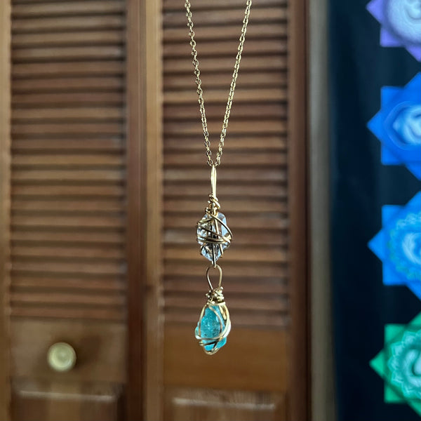 Two Crystals Necklace (Herkimer Diamond + Blue Apatite)