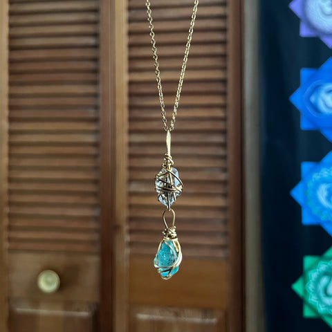 Two Crystals Necklace (Herkimer Diamond + Blue Apatite)