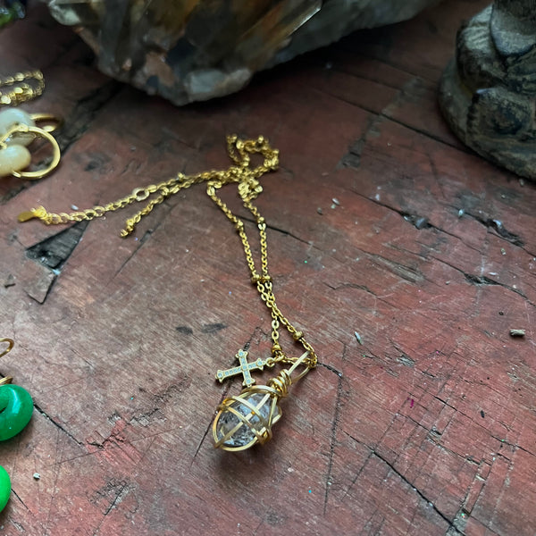 Crystal Pendant and Y2K Cross Necklace