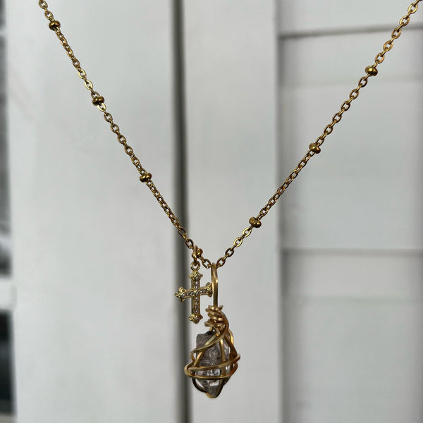 Crystal Pendant and Y2K Cross Necklace