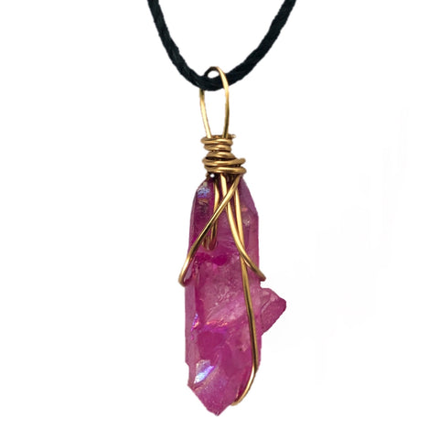 Fushia Pink Aura Quartz + black cord