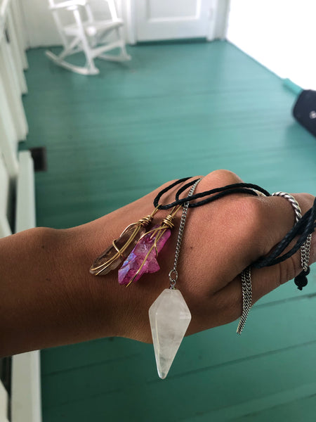 Fushia Pink Aura Quartz + black cord